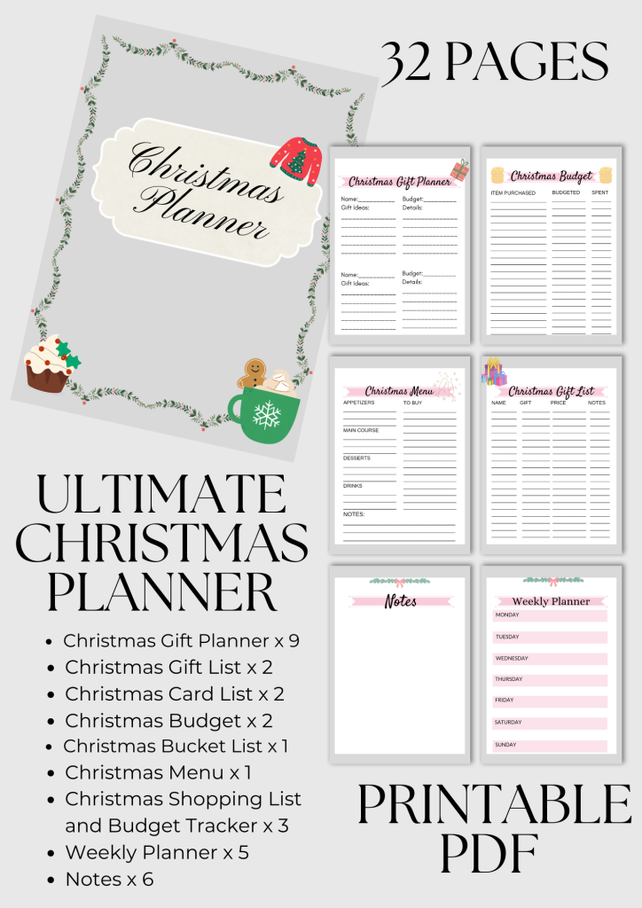 ultimate christmas planner with budget planner, gift list, gift planner, bucket list for christmas, christmas menu